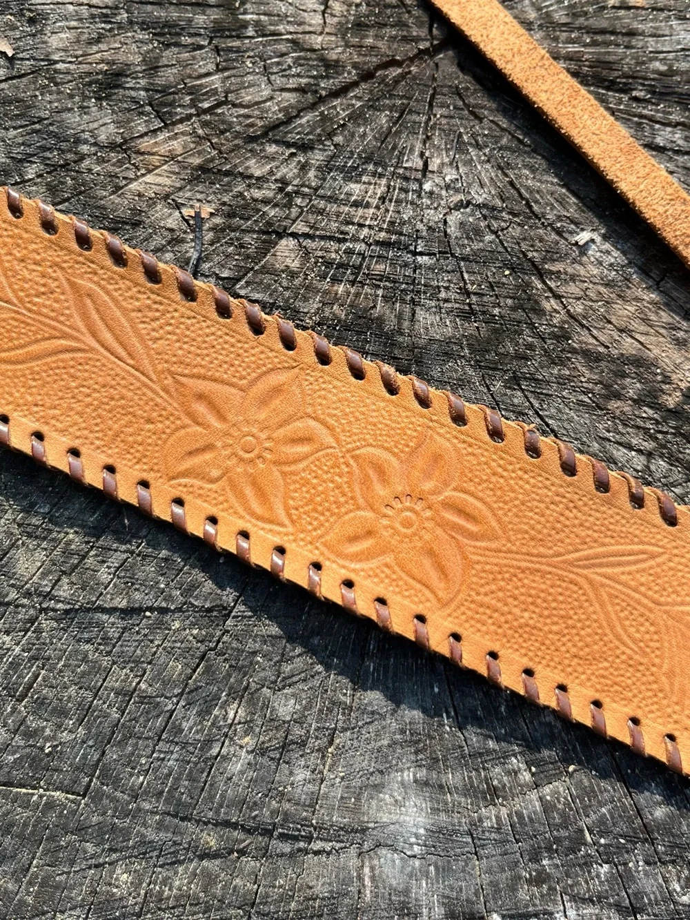 70s Handmade Tooled Genuine Leather Tie Belt Floral Fairy Boho Ren Faire